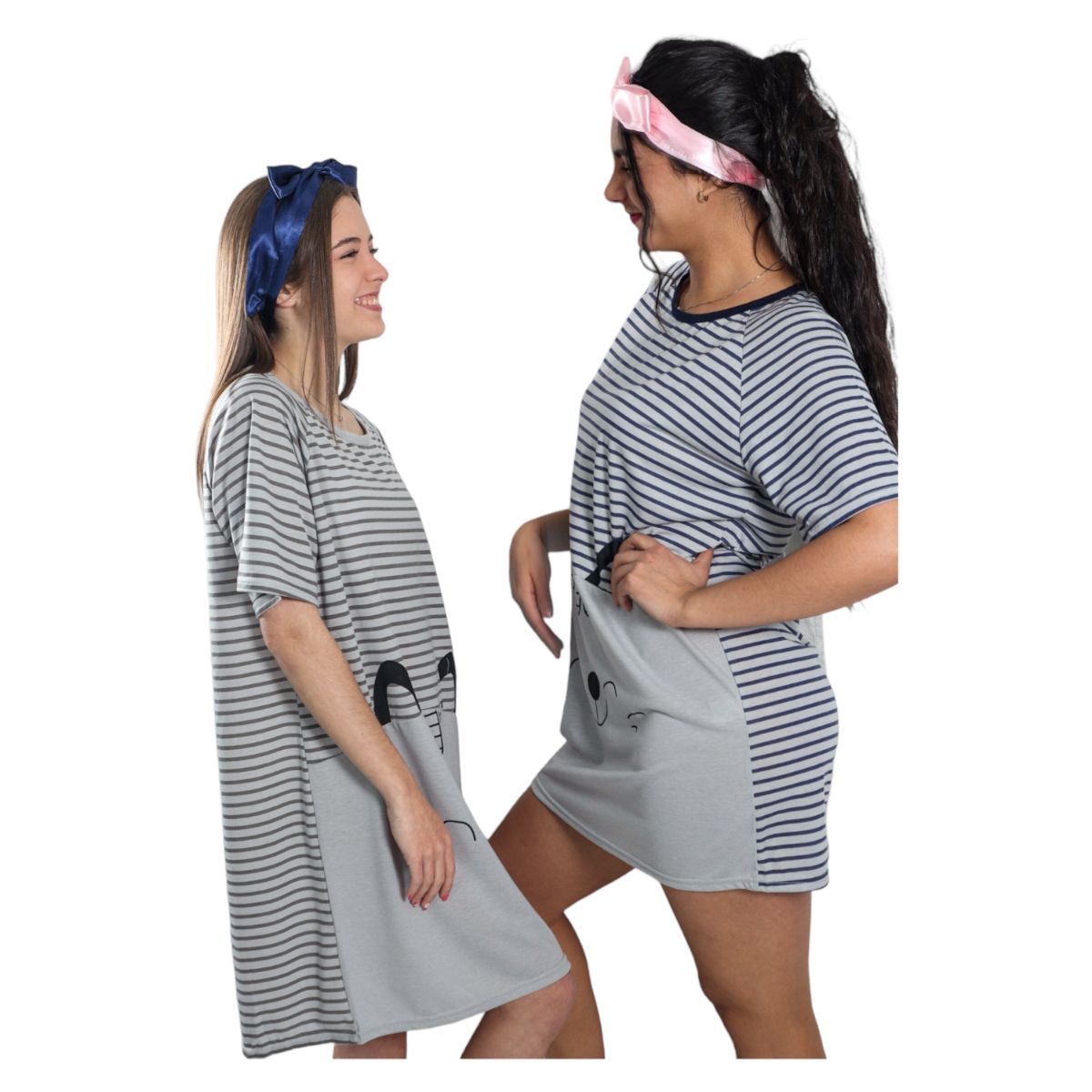 MEDIA LUNA - Pijama Camisola Mujer Manga Corta Diseño Gatito a Rayas