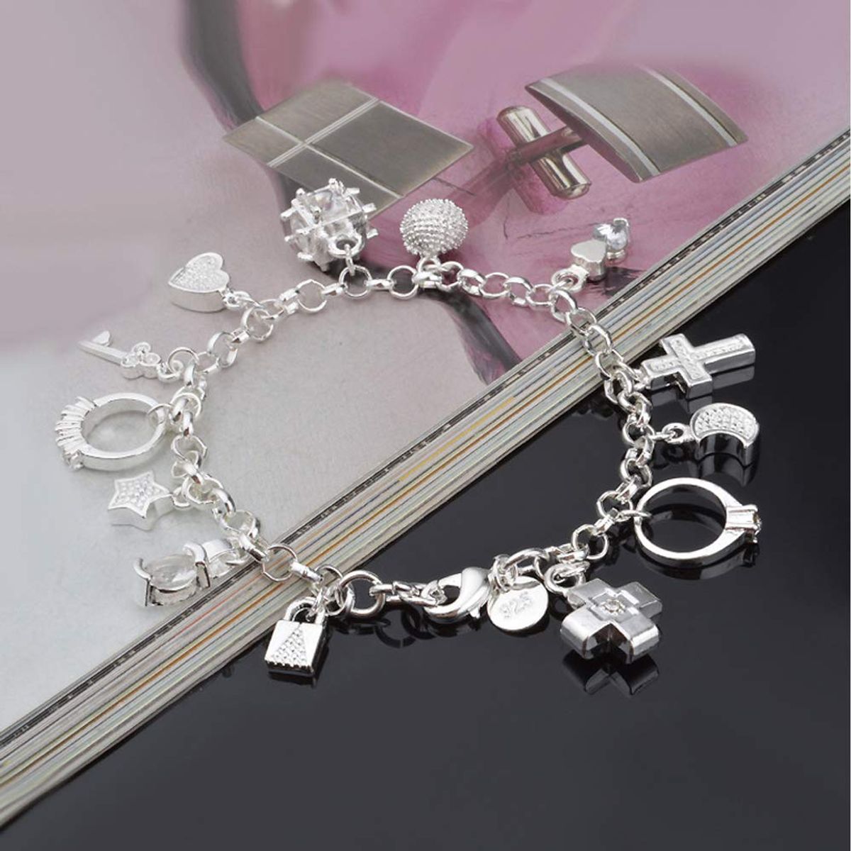VATYERTY - Pulsera de plata S925 de trece piezas colgantes PLATA BAÑADA Plateado