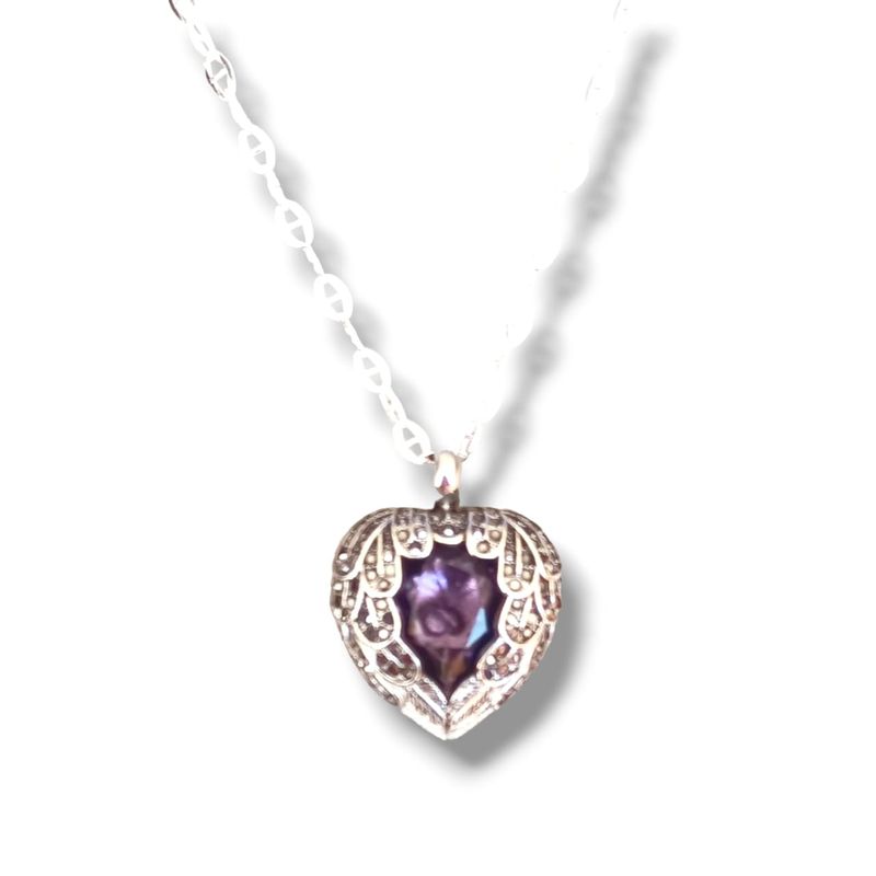 GENERICO - Collar Corazón Con Alas Cristal Purpura - Cadena Plata 50 Cm