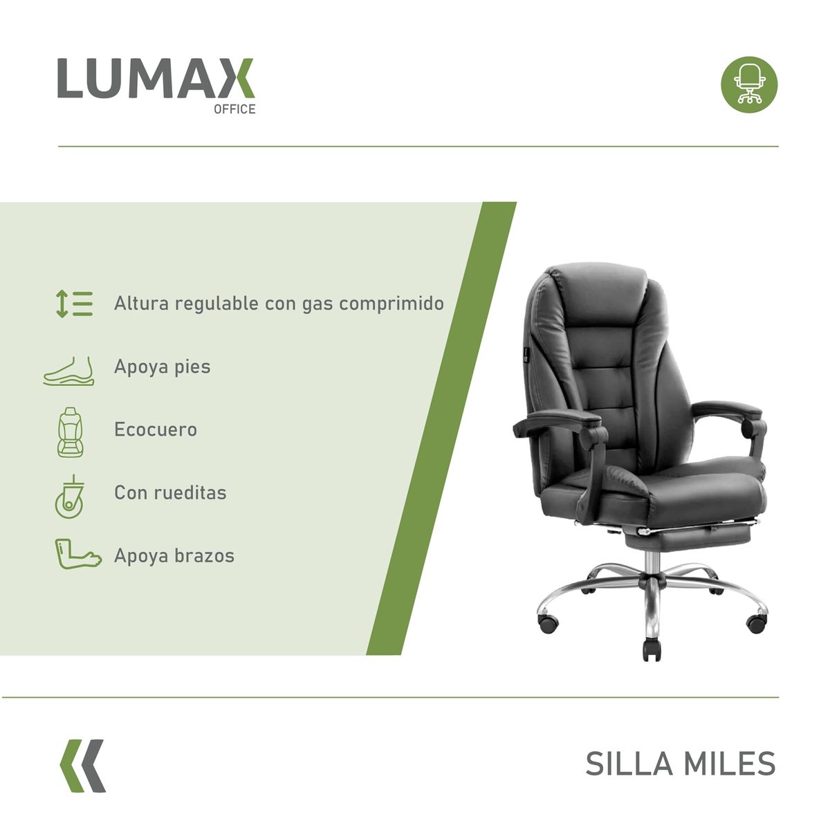 LUMAX - Silla de Escritorio Miles - Apoya Pies Ecocuero Color Negro