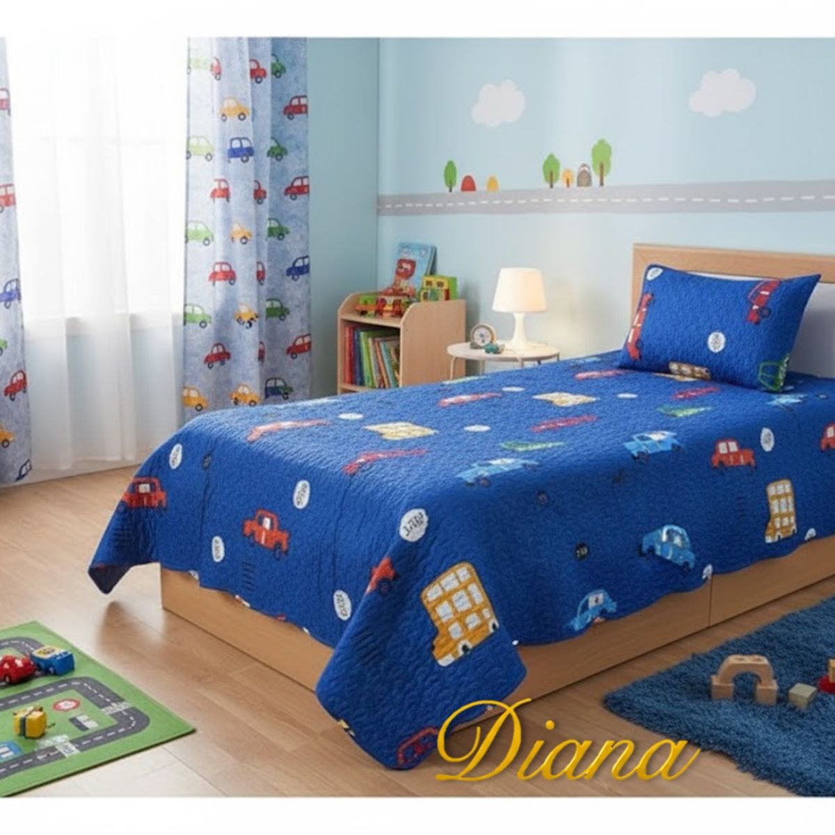 GENERICO - CUBRECAMA  DE NIÑO TIPO QUILT DE VERANO 1.5 PLAZA  COLOR AZUL DISEÑO DE CARRITO