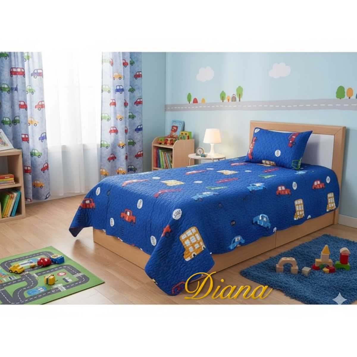 GENERICO - CUBRECAMA  DE NIÑO TIPO QUILT DE VERANO 1.5 PLAZA  COLOR AZUL DISEÑO DE CARRITO