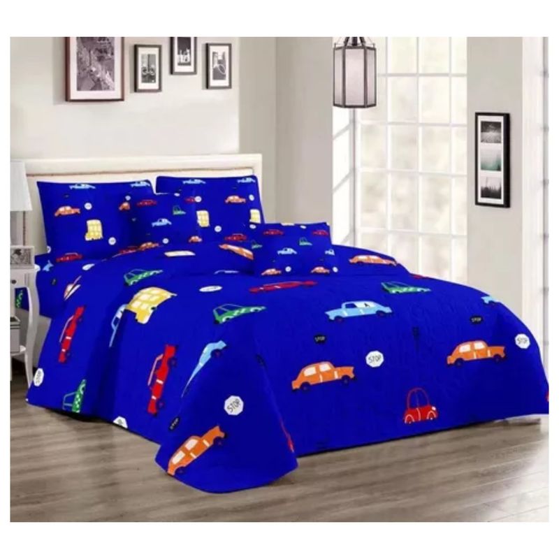 GENERICO - CUBRECAMA TIPO QUILT DE VERANO 1.5 PLAZA  AZUL DISEÑO DE CARRITO