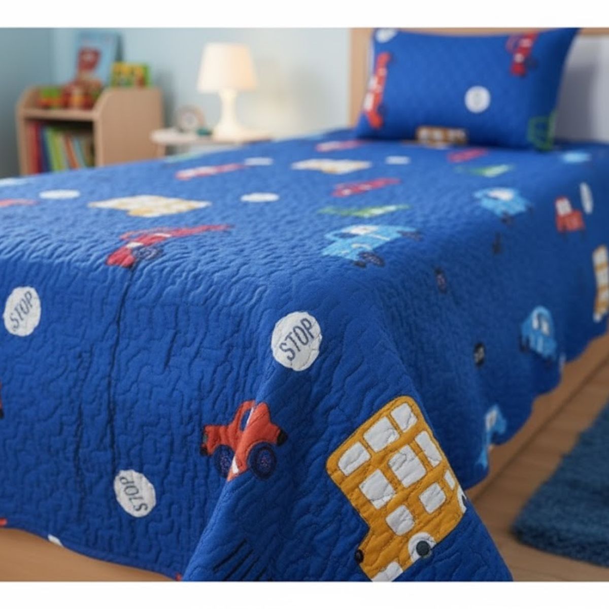 GENERICO - CUBRECAMA  DE NIÑO TIPO QUILT DE VERANO 1.5 PLAZA  COLOR AZUL DISEÑO DE CARRITO