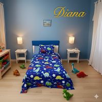 CUBRECAMA DE NIÑO TIPO QUILT DE VERANO 1.5 PLAZA AZUL DISEÑO DE DINOSAURIO