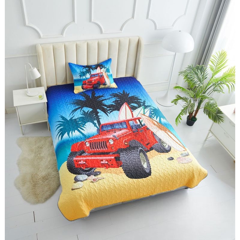 GENERICO - Cubrecama Quilt Verano Plaza y Media Infantil Unicornio Jeep Surf