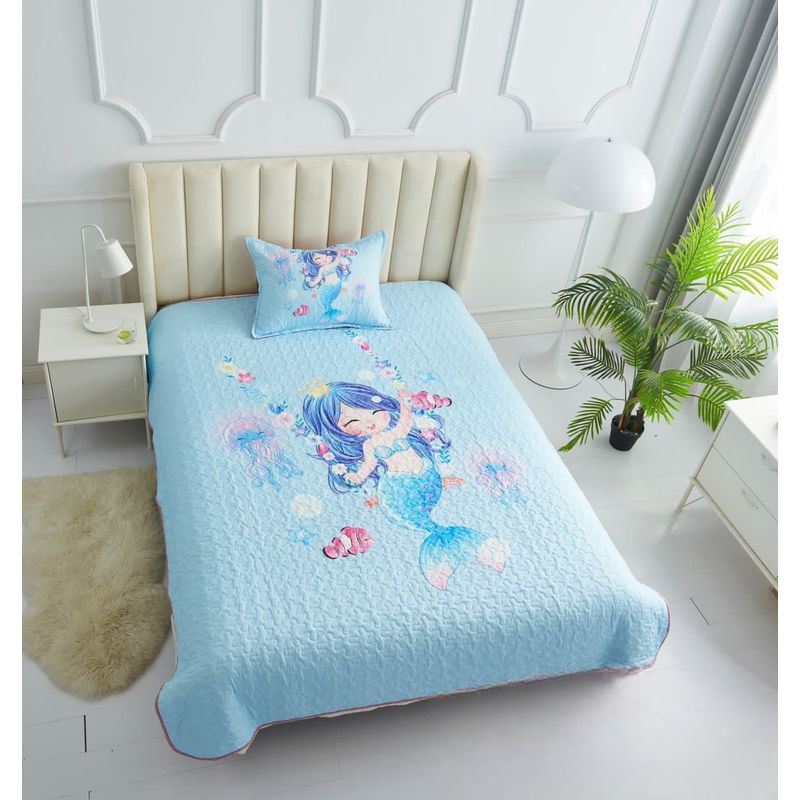 GENERICO - Cubrecama Quilt Verano Plaza y Media Infantil Sirena Celeste