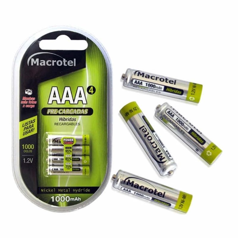 MACROTEL - Pack 4 Pilas AAA Recargables Macrotel 1000mha