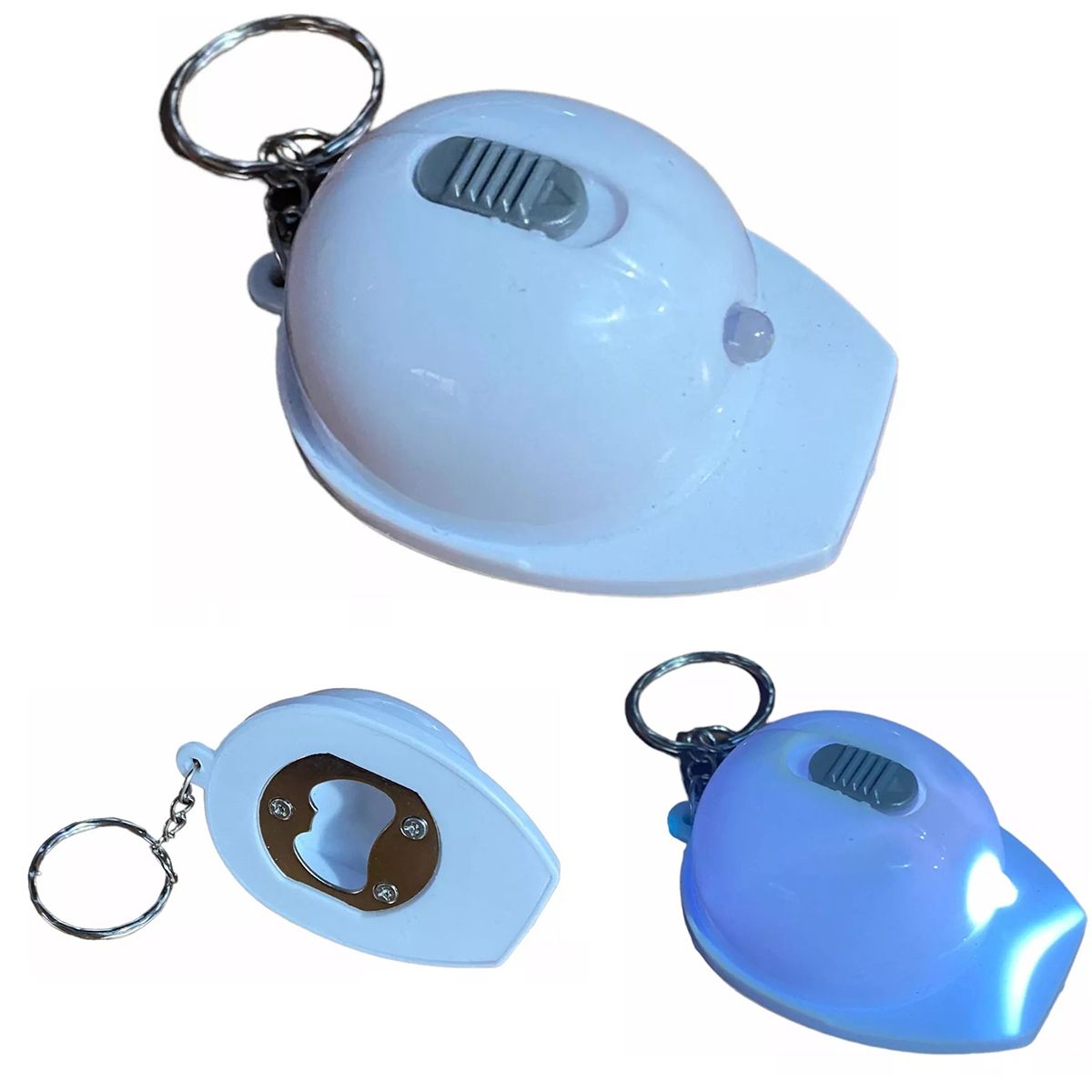 KUANGYE - 10 X Llavero Destapador De Botella + Linterna, Casco Blanco