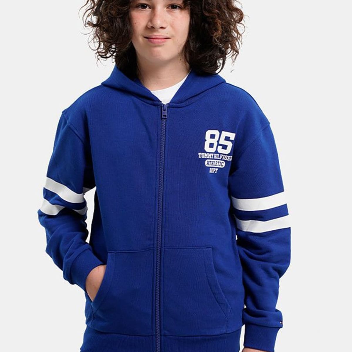TOMMY HILFIGER - Polerón Hoodie College Con Cierre Azul Niño