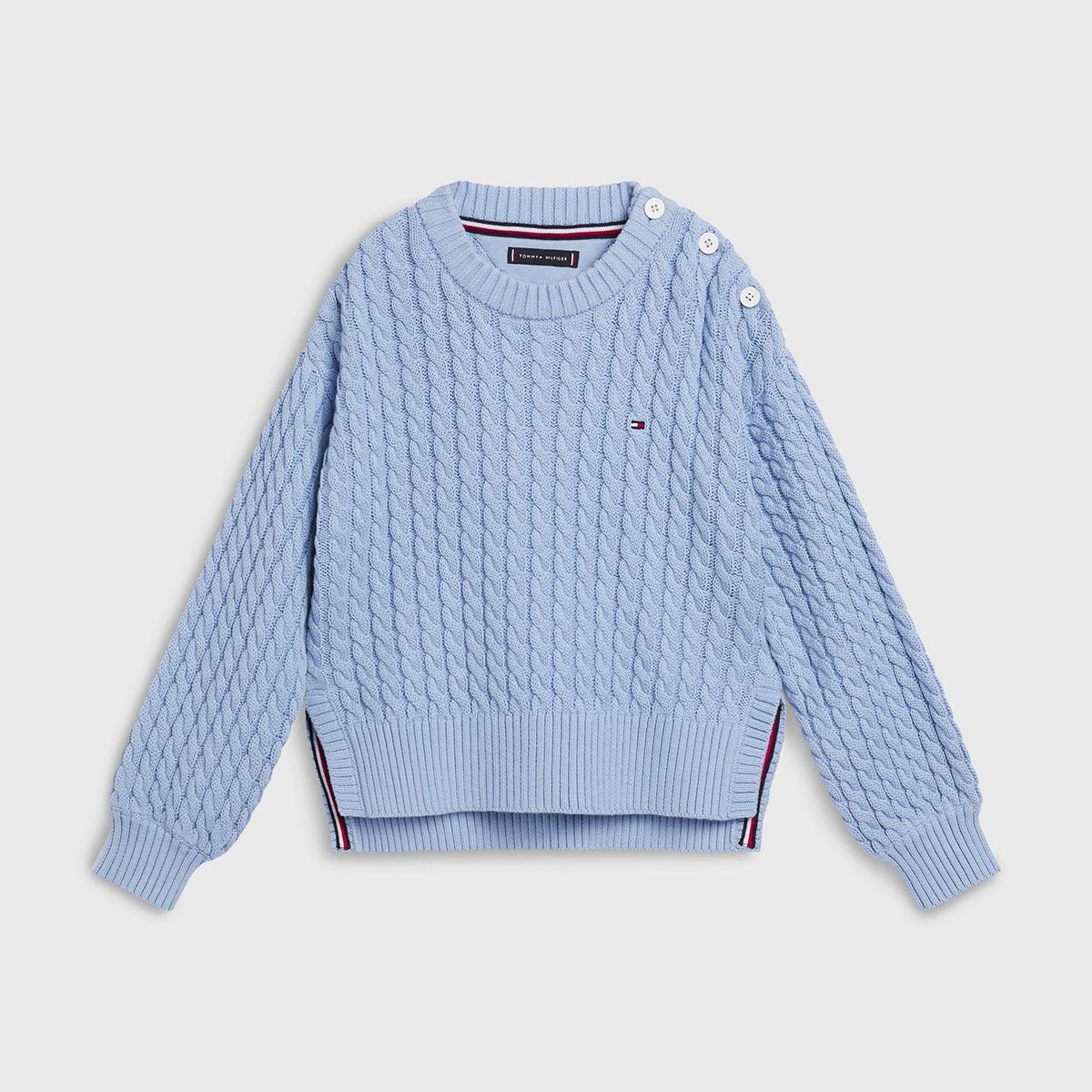 TOMMY HILFIGER - Sweater Trenzado Con Logo Celeste Niña