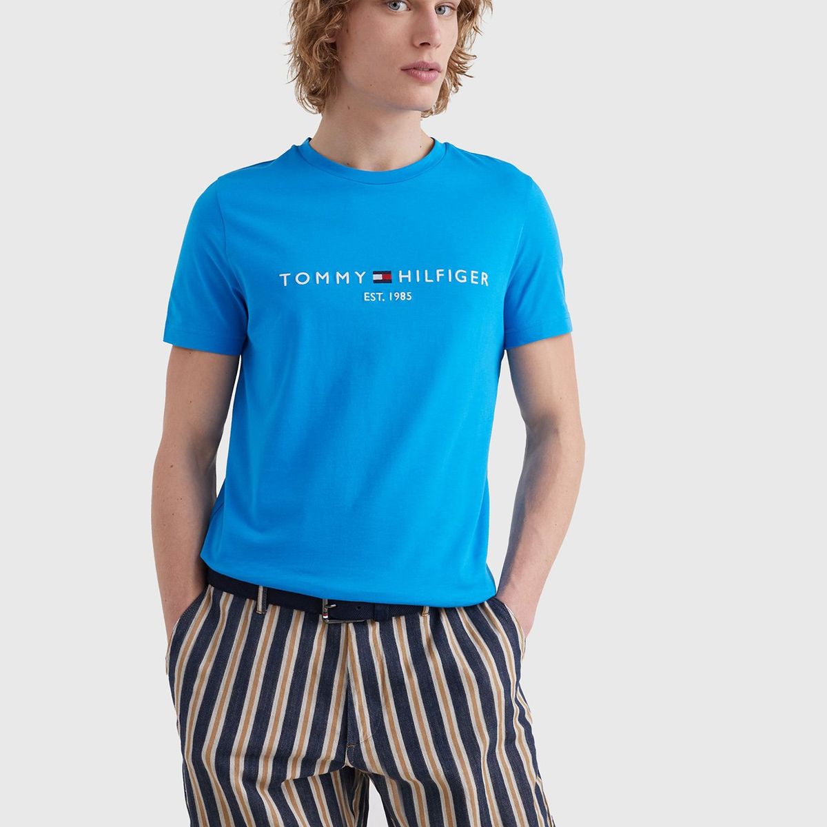 TOMMY HILFIGER - Polera Organic Cotton Con Logo Slim Fit Celeste Tommy Hilfiger