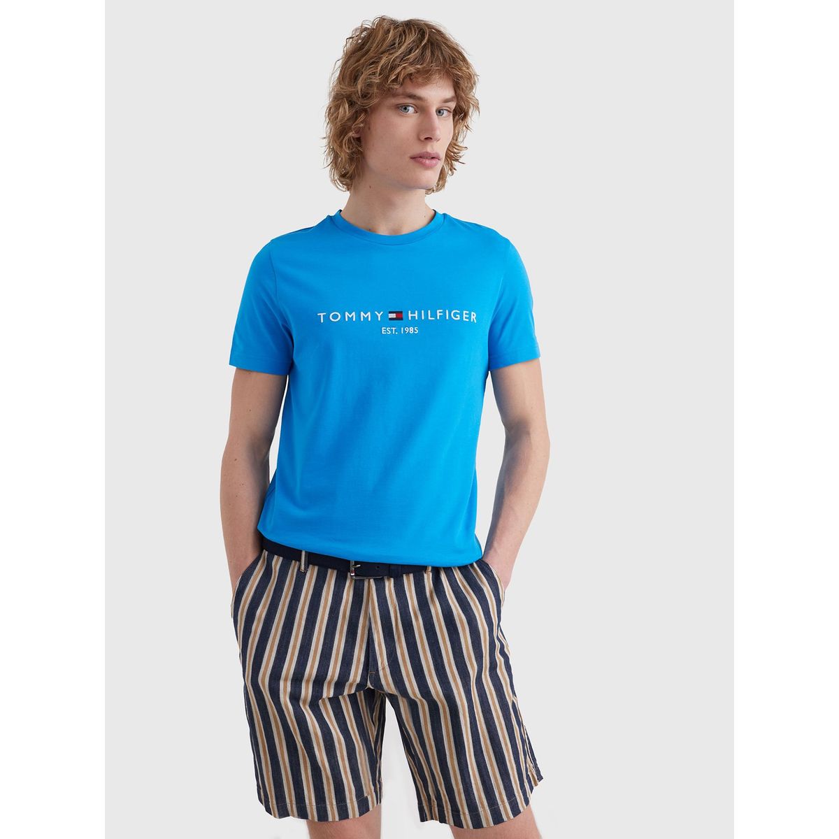 TOMMY HILFIGER - Polera Organic Cotton Con Logo Slim Fit Celeste Tommy Hilfiger