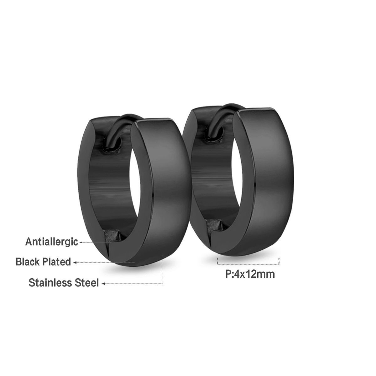 GENERICO - Aros de Acero Huggie Negro - Ibiza Black - 12mm