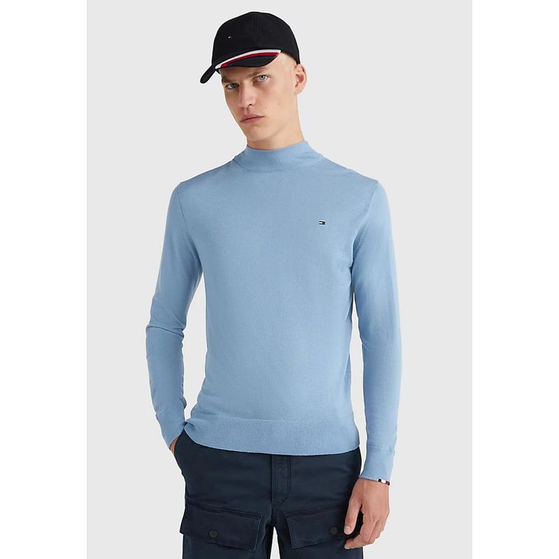 TOMMY HILFIGER - Sweater De Lana Merino Con Cuello Alto Celeste Hombre