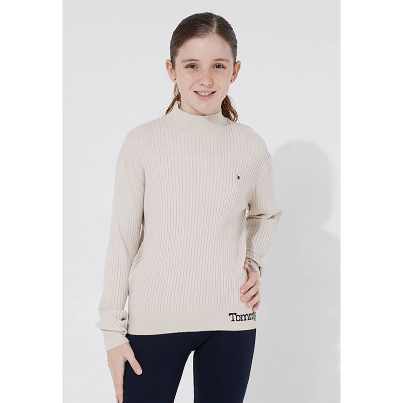 TOMMY HILFIGER - Sweater Acanalado Con Logo Beige Niña