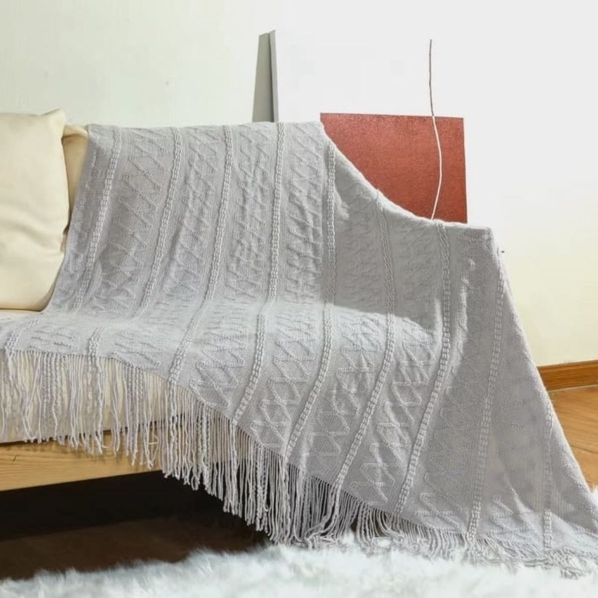 ANGELES DEL HOGAR - Manta o piecera para sofa  y camas tejida con flecos 127xm x 172cm