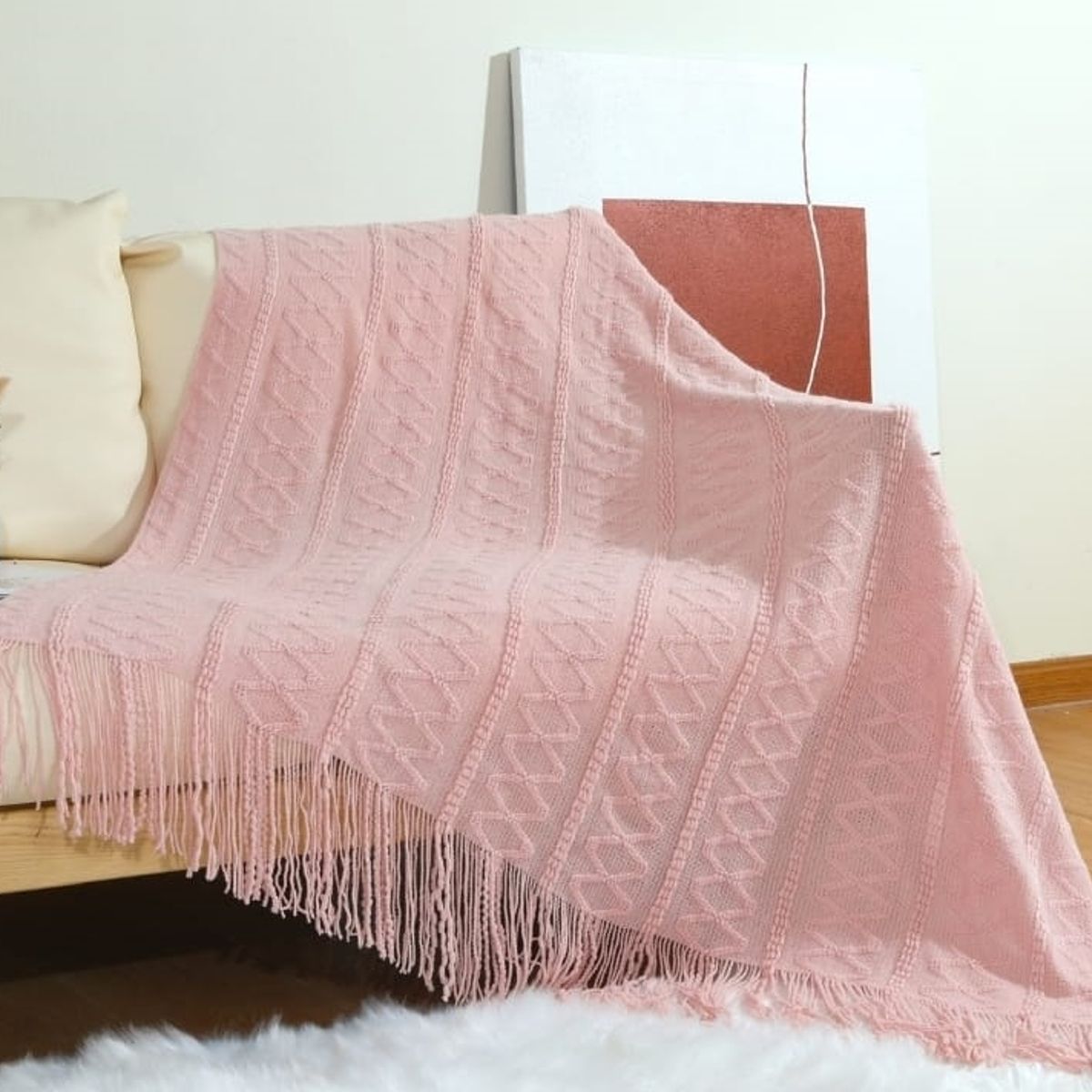 ANGELES DEL HOGAR - Manta o piecera para sofa  y camas tejida con flecos 127xm x 172cm