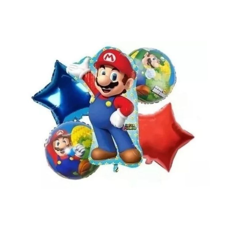 GENERICO - Set 5 Globos Metálicos Mario Bross, Decoración Infantil