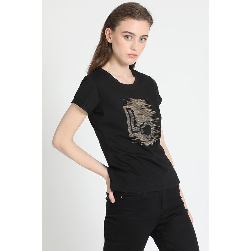 LIOLA - Polera Algodón Spandex Brillos, Negro Liola