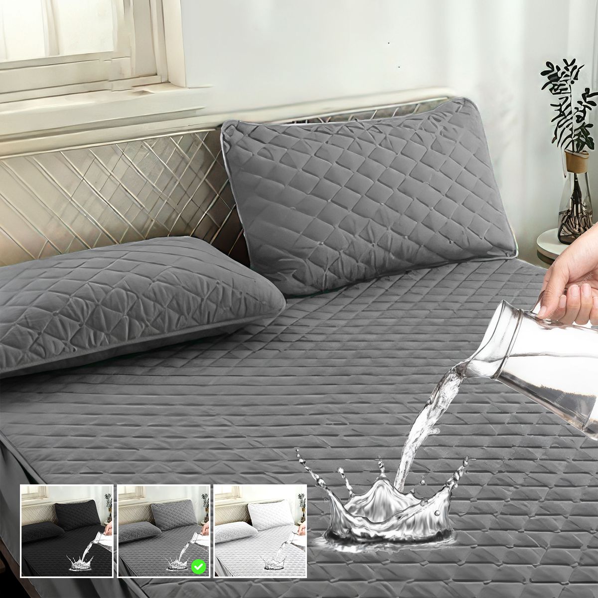 GENERICO - Cubre Colchon impermeable 2 Pl + gratis 2 fundas almohadas - Gris