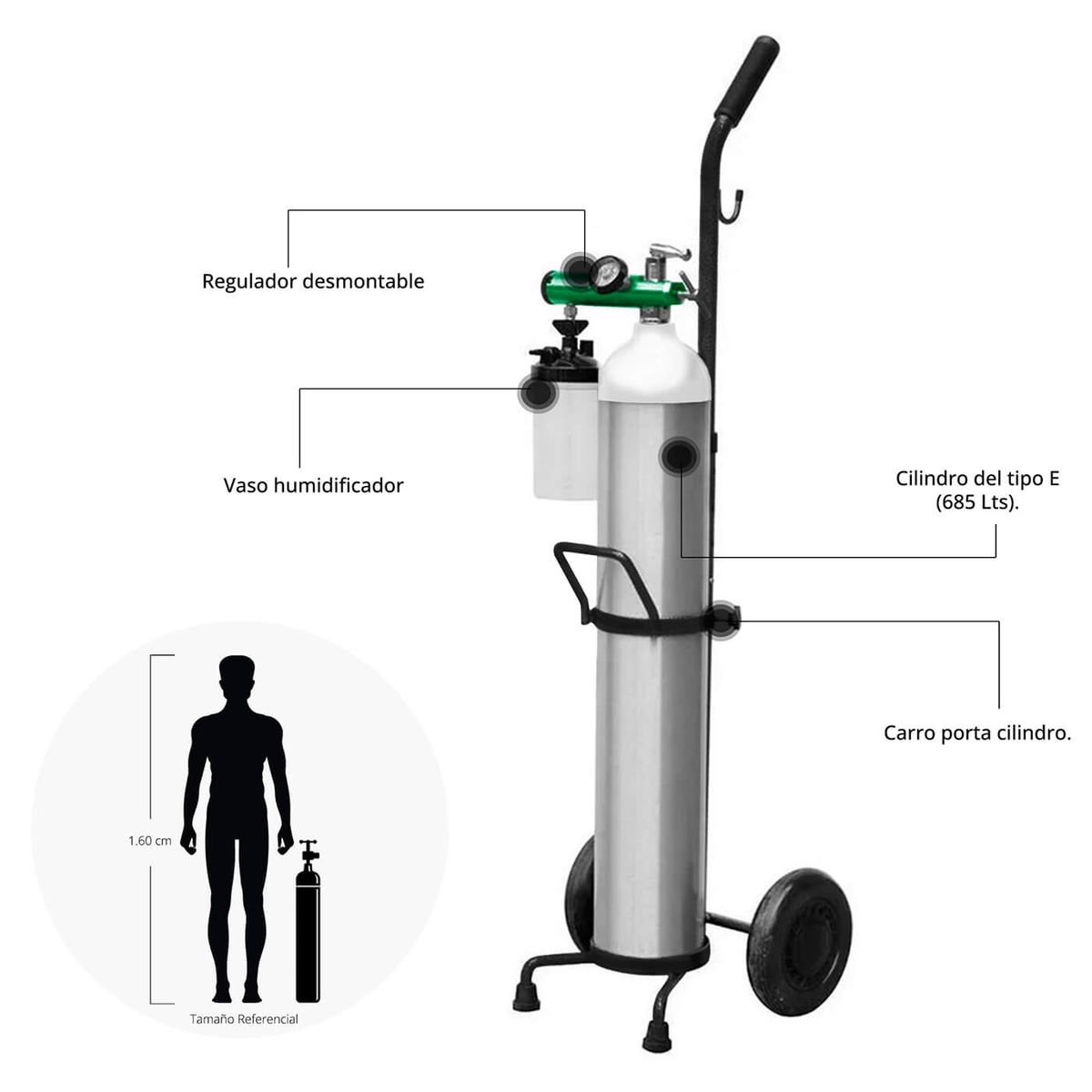 TOPMEDIC - Cilindro de Oxígeno Portátil con Carro de 685 Litros Tipo E