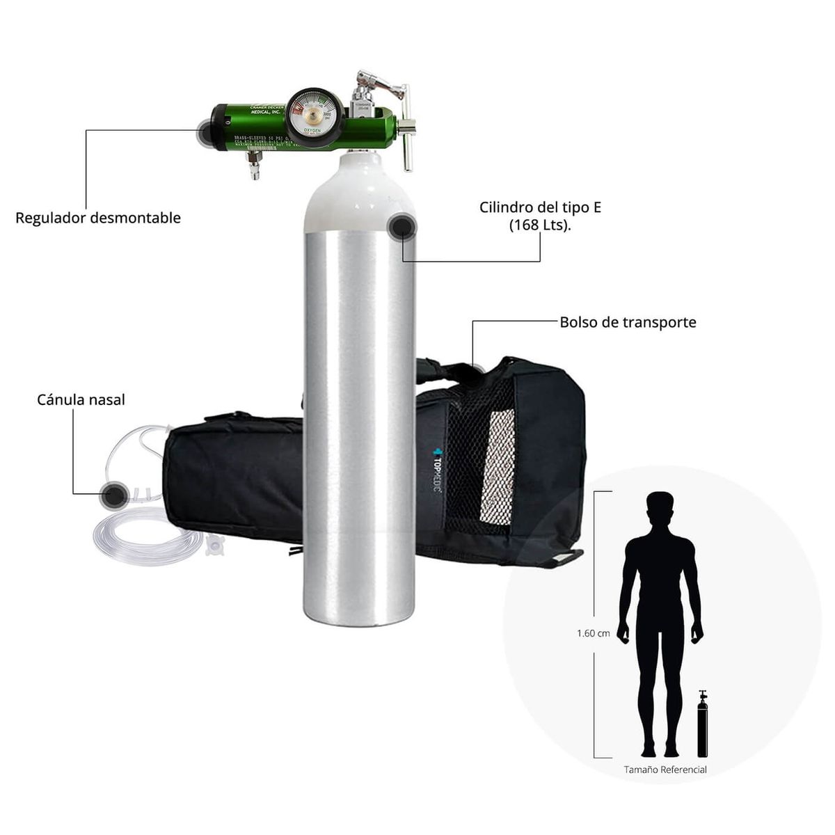 TOPMEDIC - Cilindro de Oxígeno Portátil 168 Litros Kit Adulto