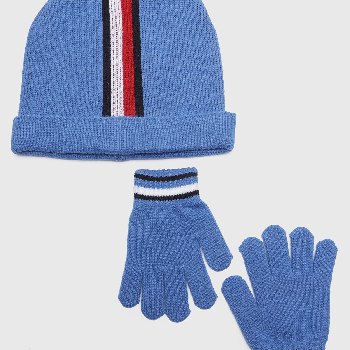 TOMMY HILFIGER - Set De Gorro Y Guantes Stripe Con Logo Celeste Niño