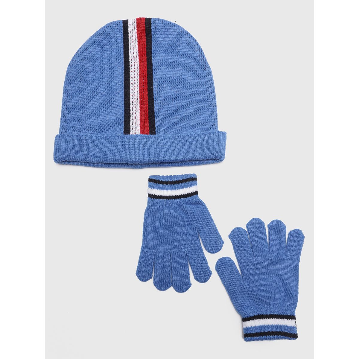 TOMMY HILFIGER - Set De Gorro Y Guantes Stripe Con Logo Celeste Niño