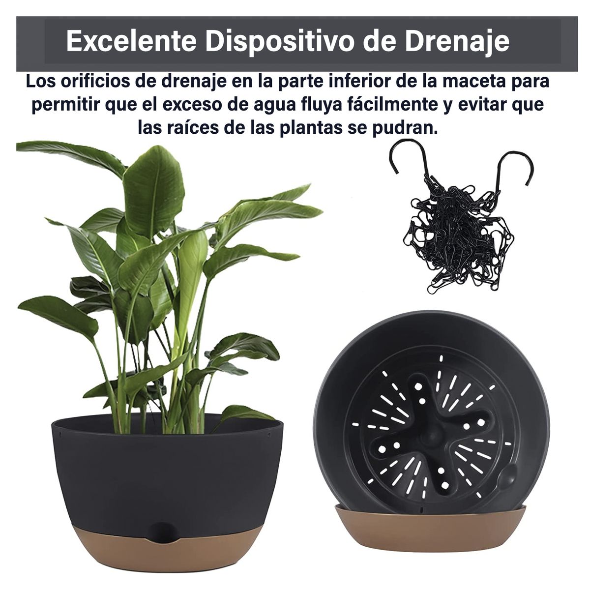 GENERICO - Kit 2 Macetero Colgante con Bandeja Extraíble y Drenaje M Negro