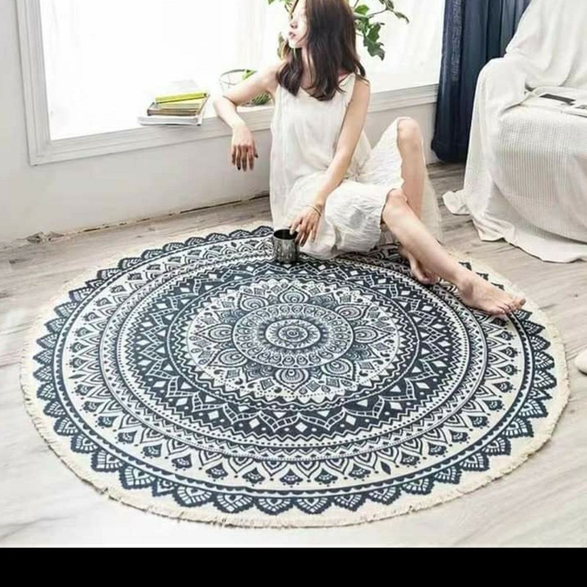 ANGELES DEL HOGAR - Alfombra de lino redonda con flecos