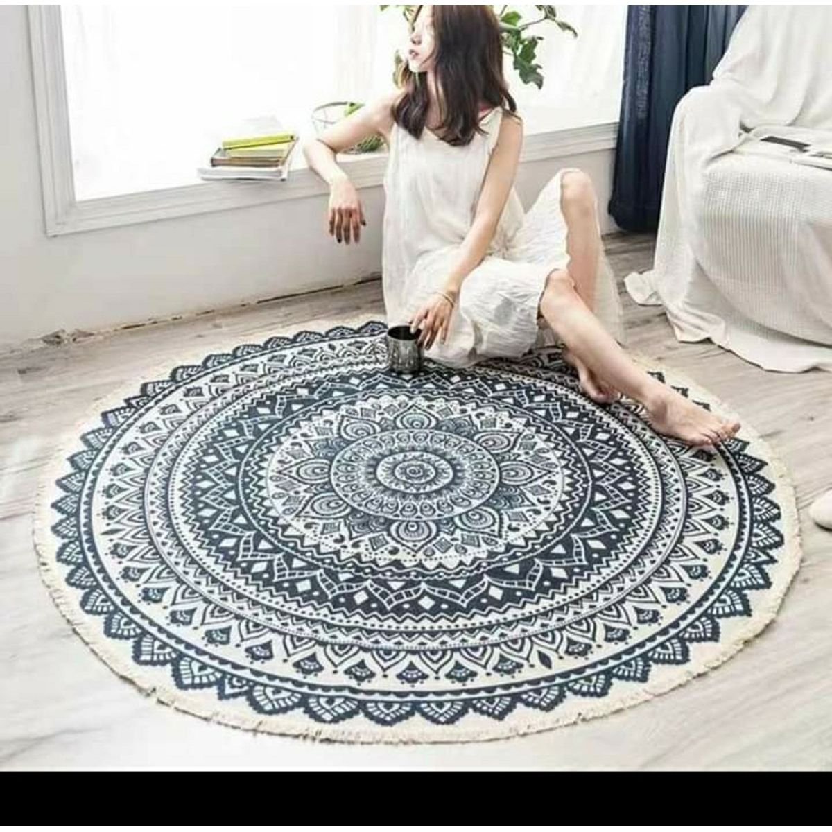 ANGELES DEL HOGAR - Alfombra de lino redonda con flecos