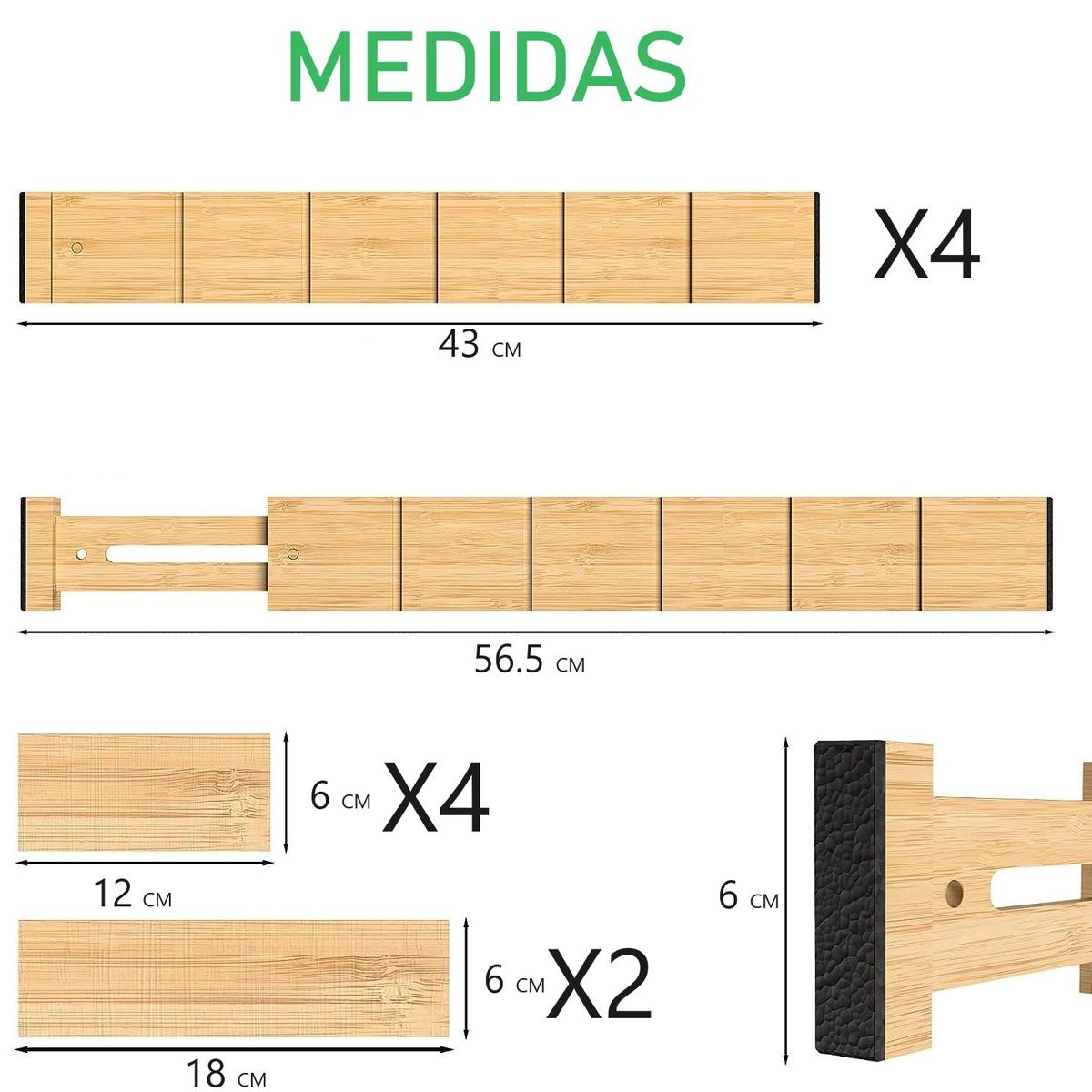PARTYGLOBOS - Organizador Cajones Bambu Ajustables Expandibles Separadores