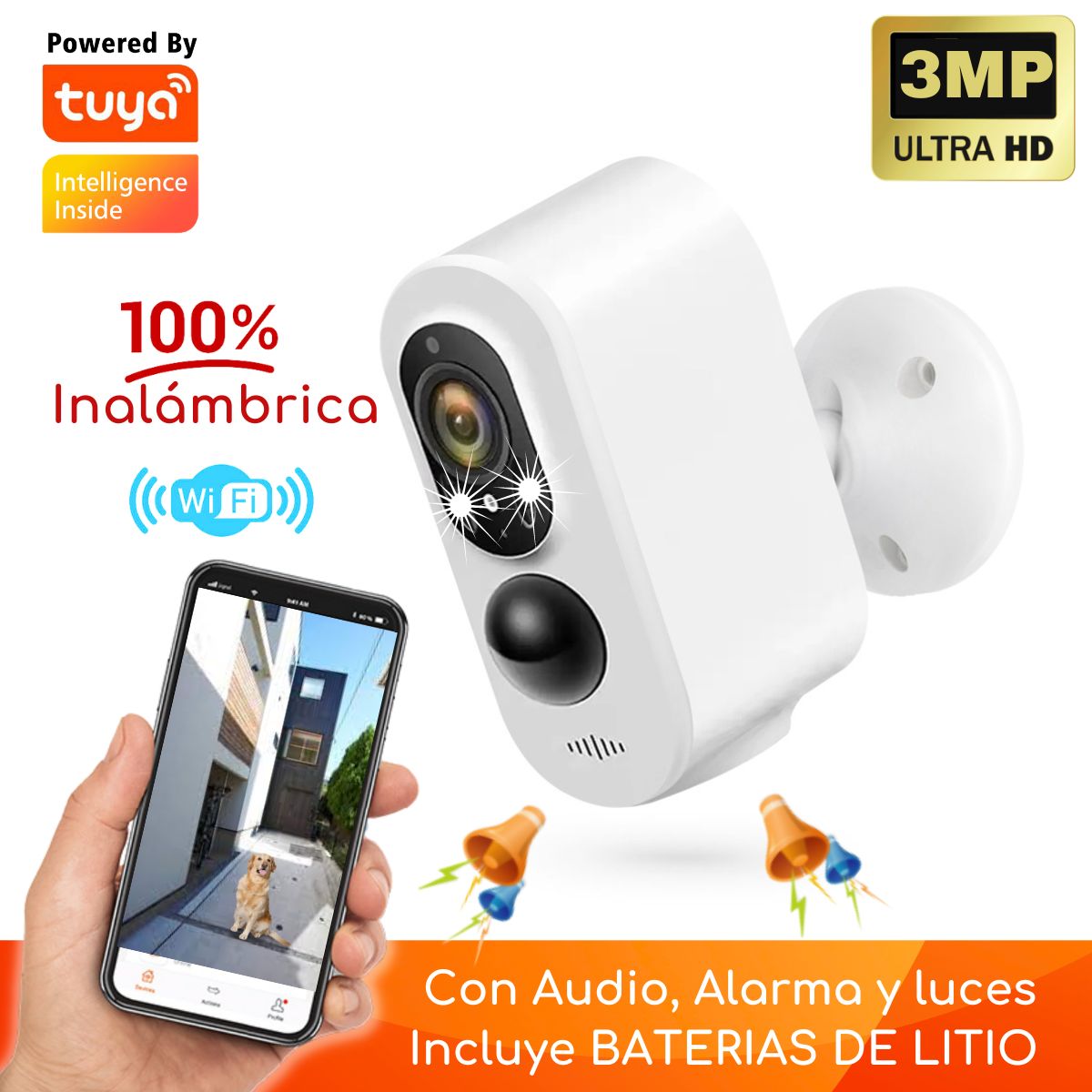 D MOTICA - Cámara Seguridad Wifi Inteligente 3MP Ultra HD Audio-Alarma con Batería de Litio