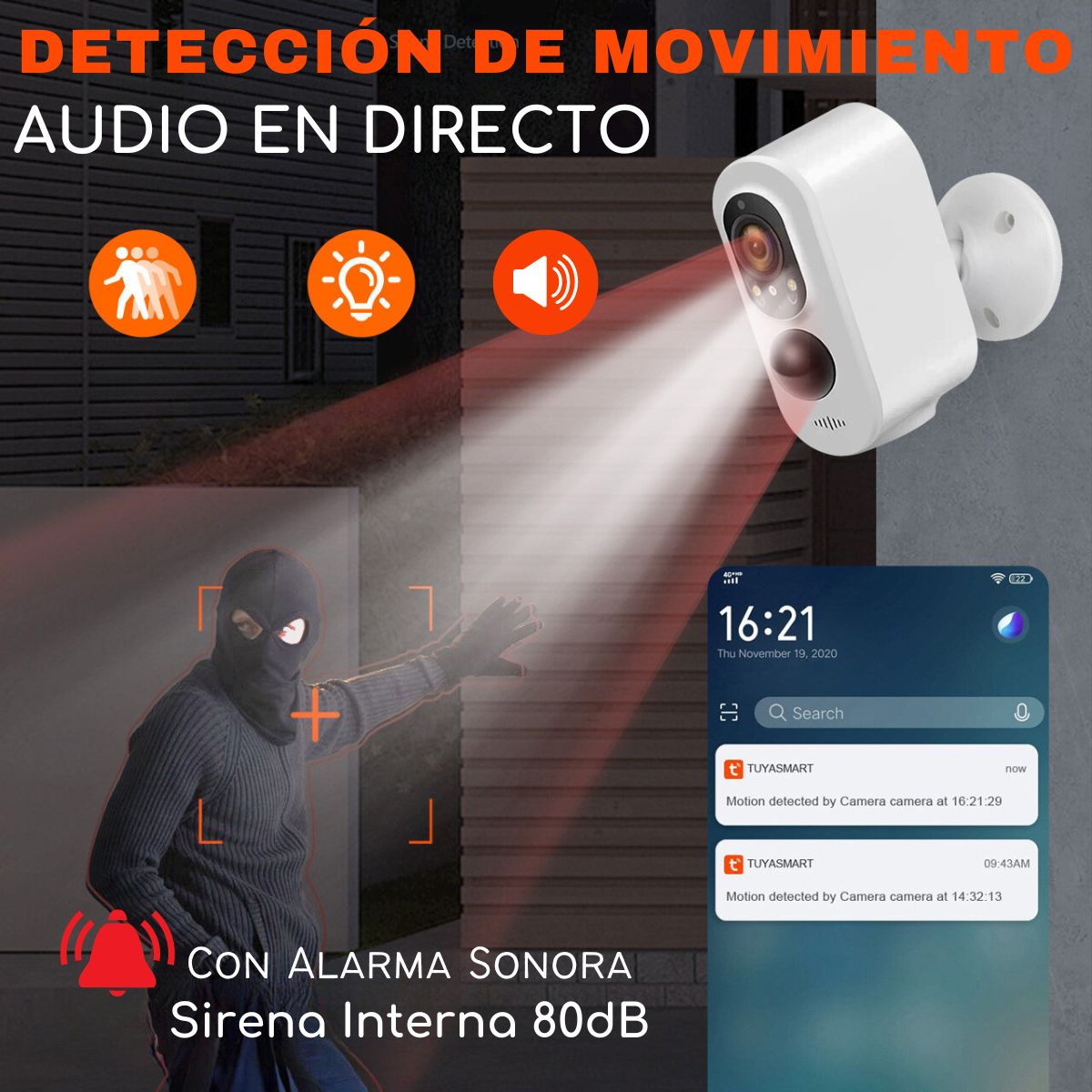 D MOTICA - Cámara Seguridad Wifi Inteligente 3MP Ultra HD Audio-Alarma con Batería de Litio