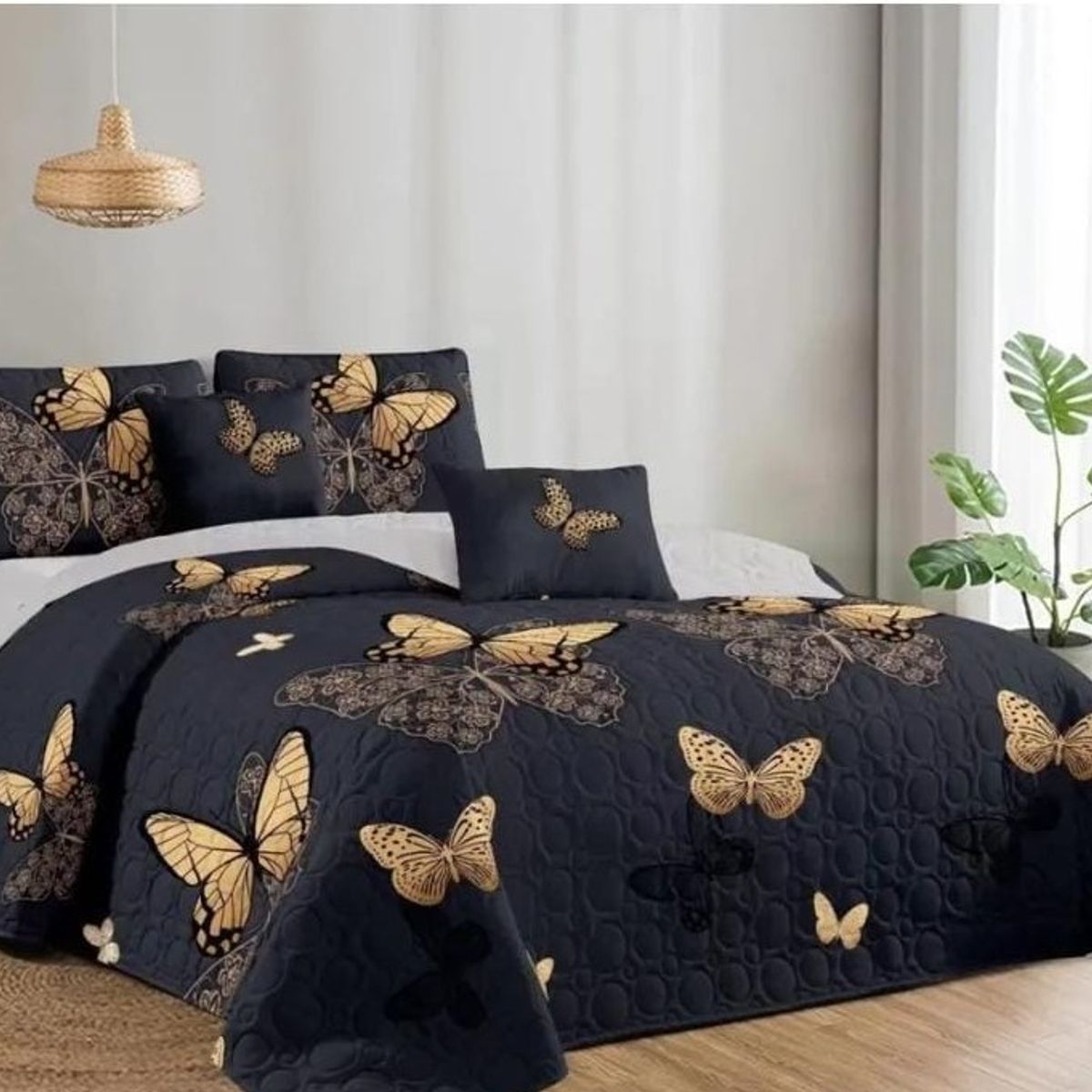GENERICO - Cobertor de verano tipo Quilt con fundas - KING Mariposa Dorada