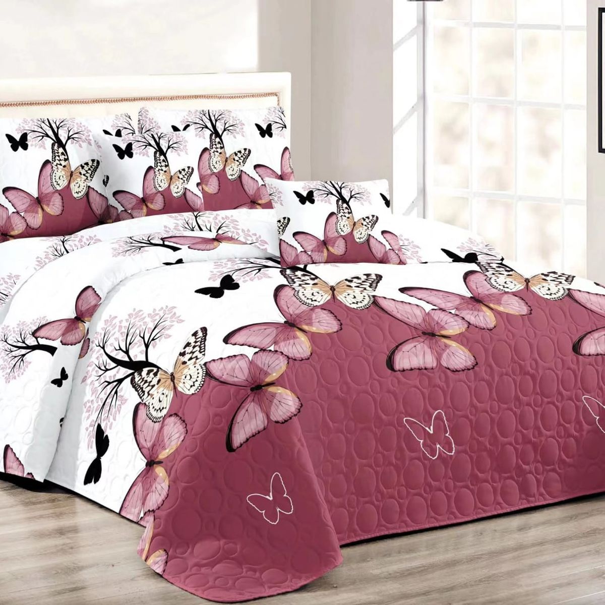 GENERICO - Cobertor de verano tipo Quilt con fundas - 2 Plazas Mariposas