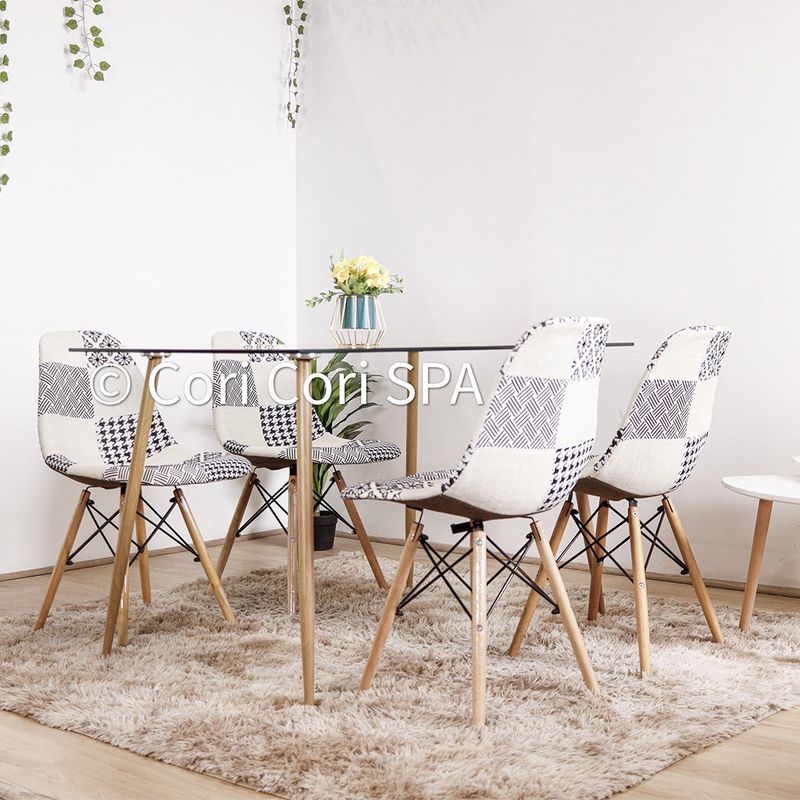 CORI CORI - Juego de Comedor Vidrio 120x 80 cm + 4 Sillas Eames Patchwork Chess