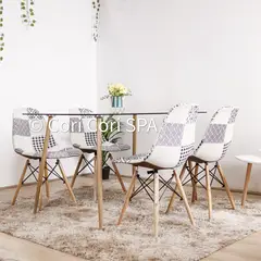 CORI CORI - Juego de Comedor Vidrio 120x 80 cm + 4 Sillas Eames Patchwork Chess