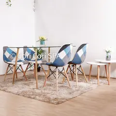 CORI CORI - Juego de Comedor vidrio templado 120x 80cm mas 4 patchwork Celeste
