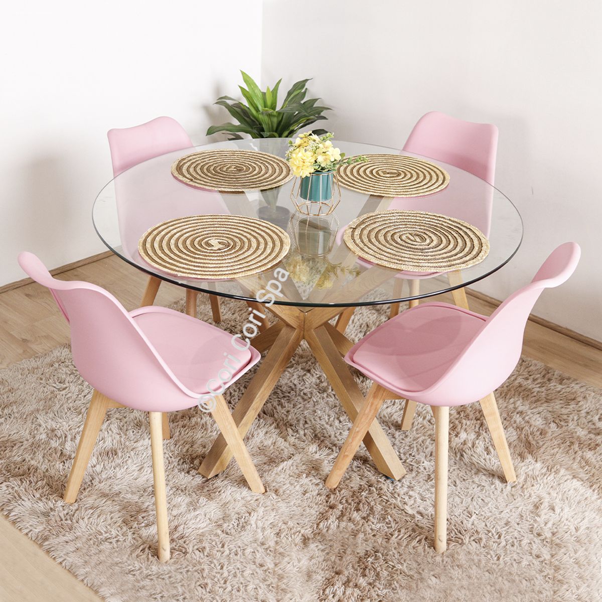 CORI CORI - Juego de Comedor Warwick Vidrio 120cm + 4 Sillas Tulip Rosa
