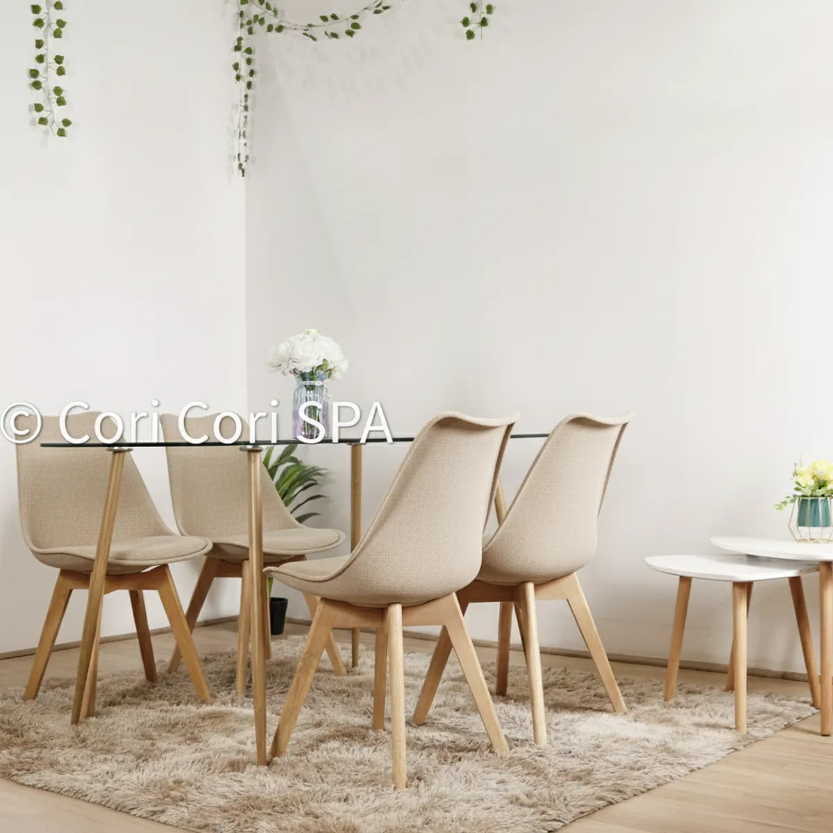 CORI CORI - Juego de Comedor Vidrio 120x 80 cm + 4 Sillas Tulip Beige