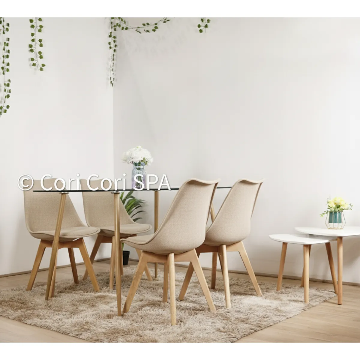 CORI CORI - Juego de Comedor Vidrio 120x 80 cm + 4 Sillas Tulip Beige