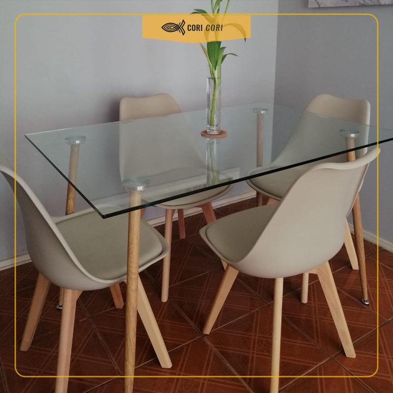 CORI CORI - Juego de Comedor Vidrio 120x 80 cm + 4 Sillas Tulip Beige