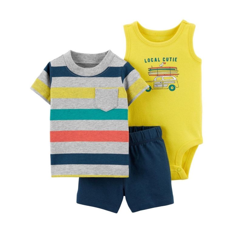 Set 3 Piezas Local Cutie Playa 100% Algodon Conjunto Gris 9 MESES