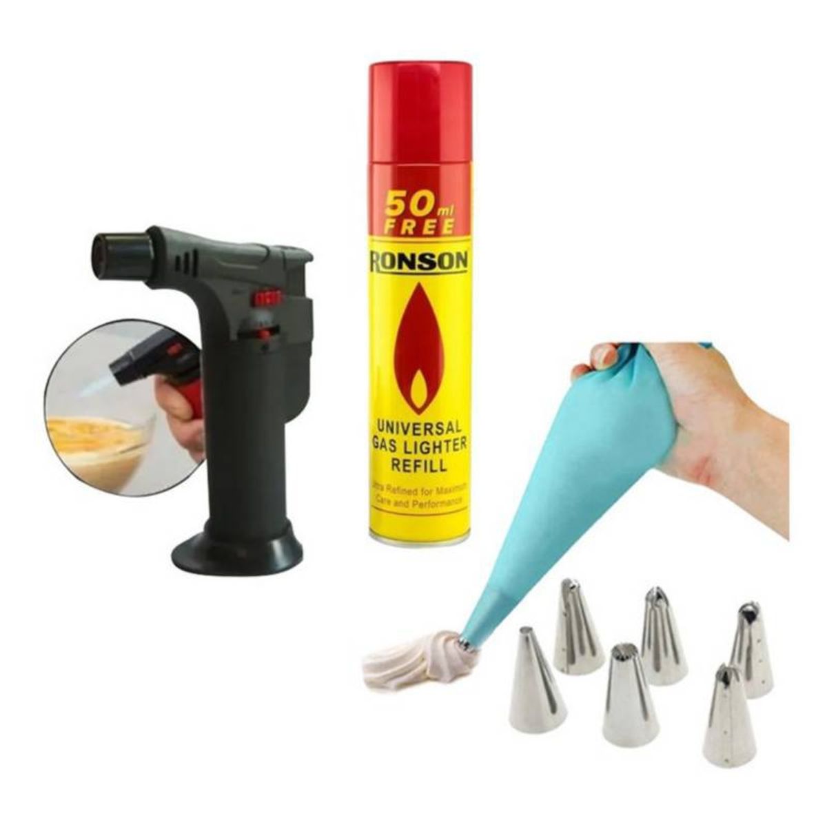 GENERICO - Manga Pastelera 6 Boquillas + Soplete Recargable + Gas