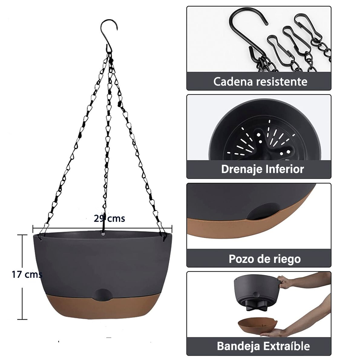 GENERICO - Kit 2 Macetero Colgante con Bandeja Extraíble y Drenaje L Negra