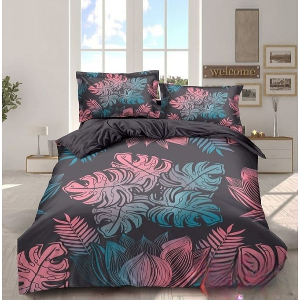 GENERICO - Cubrecama Tela Quilt De Verano 2 Plazas Diseño Negro Con Hojas