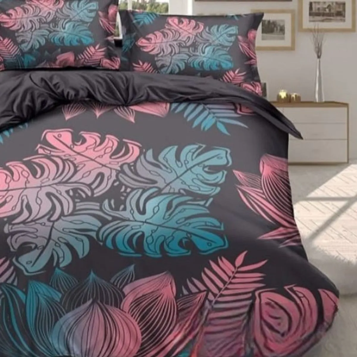 GENERICO - Cubrecama Tela Quilt De Verano 2 Plazas Diseño Negro Con Hojas