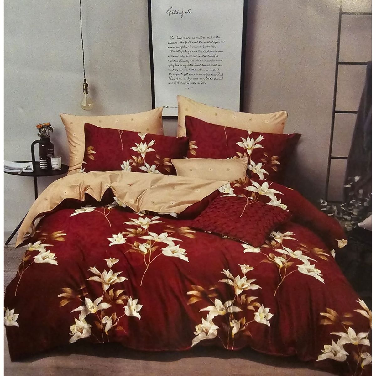 GENERICO - Juego de Sabanas 2 plazas + Fundas para almohada - Burdeo Flores